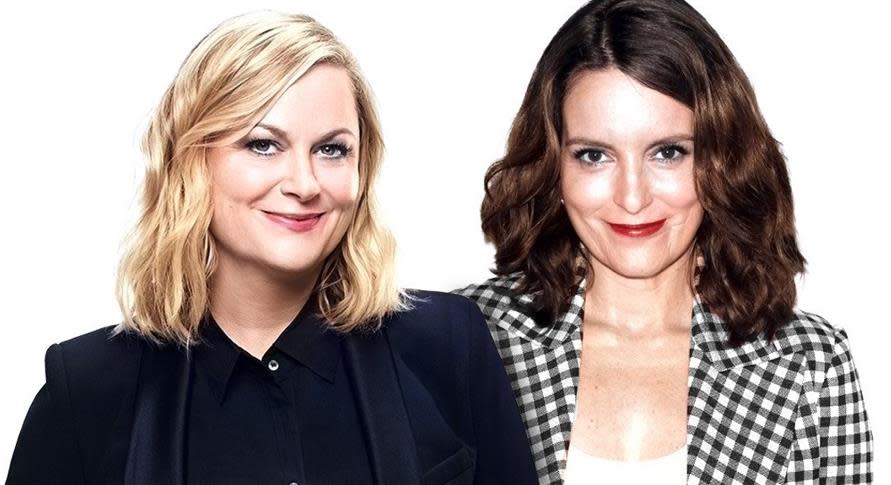 Amy Poehler, left, and Tina Fey have been friends for 30 years and bring their stories and comedy to the live stage on the 12-date Restless Leg tour, which kicked off in Washington on Friday.