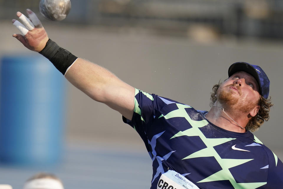 FILE—In this Aug. 25, 2020, file photo, Ryan Crouser puts the shot during the Blue Oval Showcase in Des Moines, Iowa. Crouser is one of the athletes who will be competing in the American Track League series, which begins a four-week run on Sunday, Jan. 24, 2021 in an indoor setting at the University of Arkansas. (AP Photo/Charlie Neibergall, File)