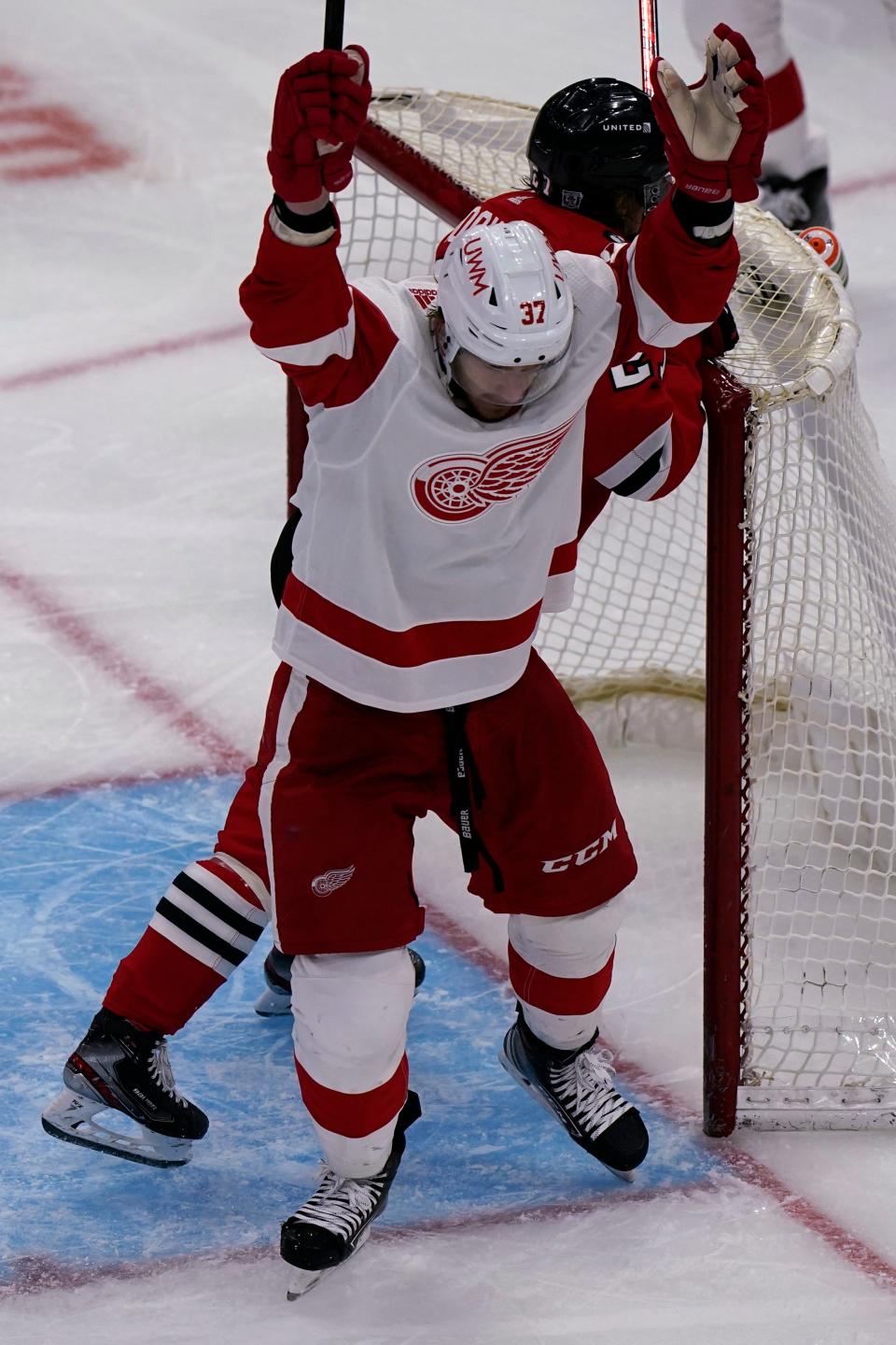 Detroit Red Wings right wing Evgeny Svechnikov celebrates after scoring a goal against the Chicago Blackhawks during the third period at United Center in Chicago on Saturday, Feb. 27, 2021.