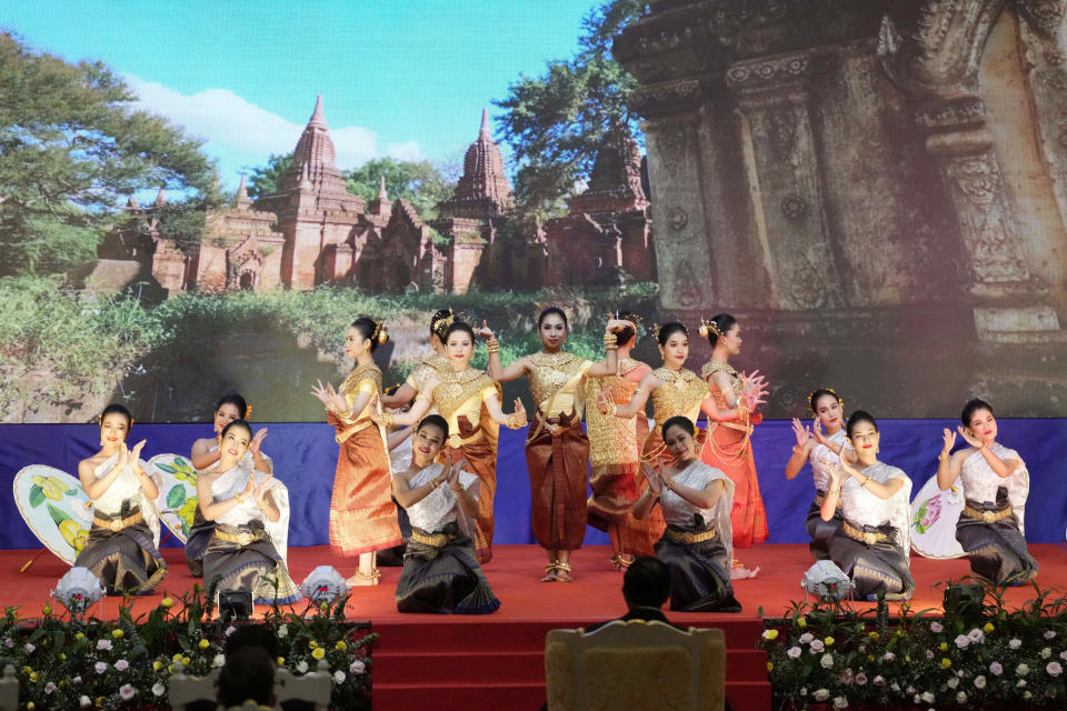 Cambodian traditional dancers perform during the opening of the 55th ASEAN Foreign Ministers' Meeting (55th AMM) in Phnom Penh, Cambodia, Wednesday, Aug. 3, 2022. Southeast Asian foreign ministers are gathering in the Cambodian capital for meetings addressing persisting violence in Myanmar and other issues, joined by top diplomats from the United States, China, Russia and other world powers amid tensions over the invasion of Ukraine and concerns over Beijing's growing ambitions in the region. (AP Photo/Heng Sinith)