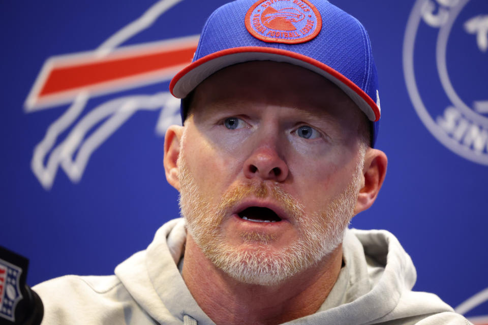 Buffalo Bills head coach Sean McDermott meets with reporters after the team's NFL football game against the New York Jets in Orchard Park, N.Y., Sunday, Nov. 19, 2023. The Bills won 32-6. (AP Photo/Jeffrey T. Barnes )