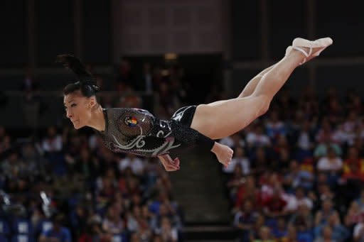 Romania's gymnast Catalina Ponor performs during the women's floor exercise final of the artistic gymnastics event of the London Olympic Games at the 02 North Greenwich Arena in London. Alexandra Raisman of the US won gold, Ponor took silver and Russia's Aliya Mustafina got bronze