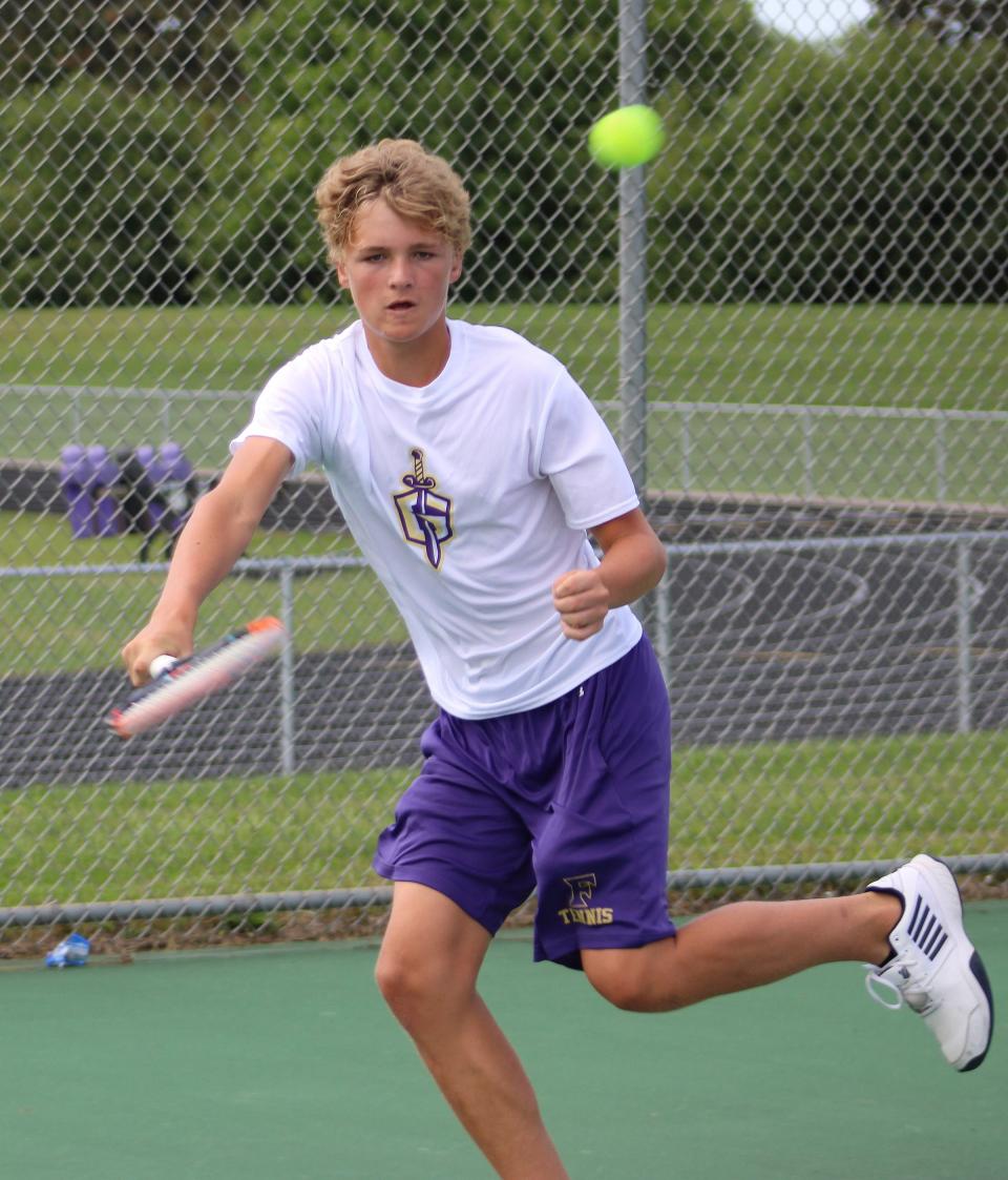 Fowlerville's Cole Sova was 3-0 at No. 2 singles in the season-opening Livingston County tennis quad on Monday, Aug. 15, 2022 at Fowlerville.
