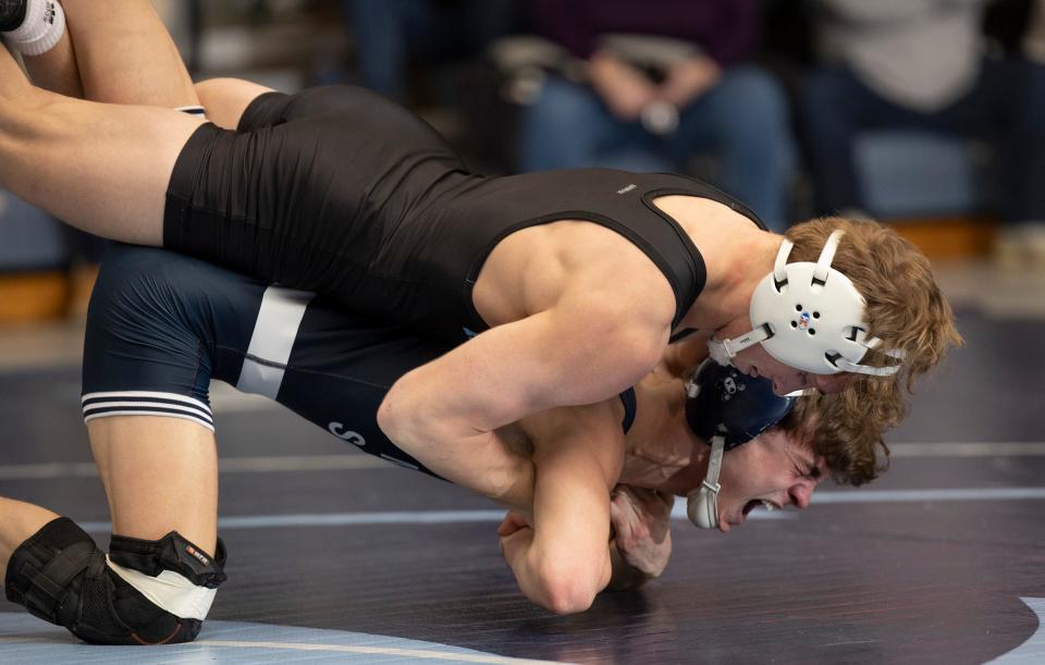 Christian Brothers Academy's Garrett Totten is shown riding Middletown South's Jack Zaleski during his 3-1 win at 126 pounds Wednesday night in CBA's 37-24 win over the Eagles.