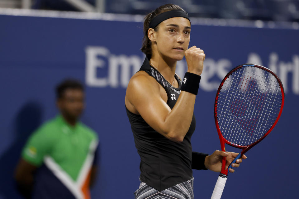 Caroline Garcia, of France, reacts during a match against Bianca Andreescu, of Canada, during the third round of the U.S. Open tennis championships, Friday, Sept. 2, 2022, in New York. (AP Photo/Jason DeCrow)