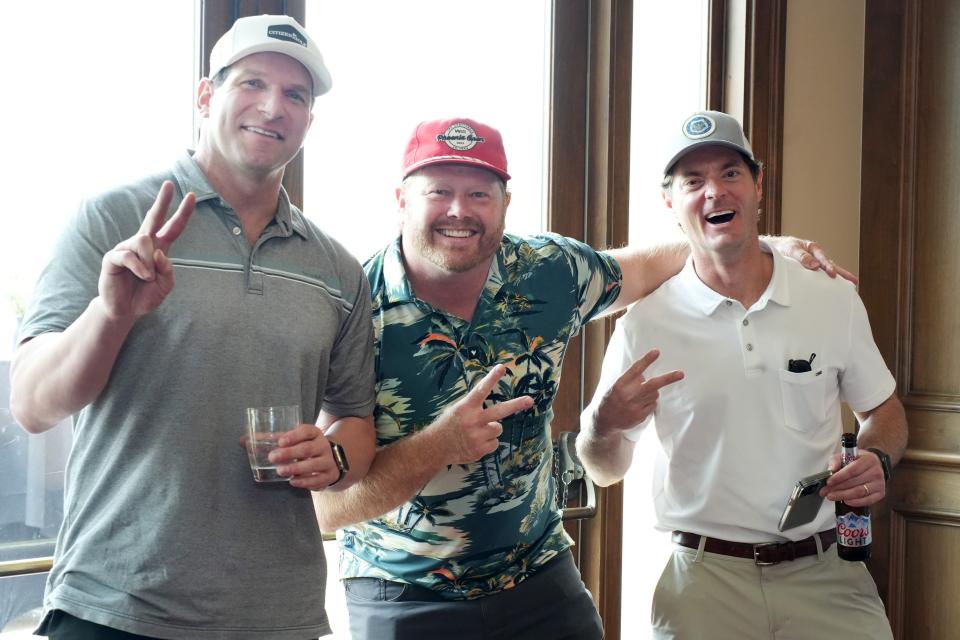 USC football legends Brandon Hancock, Sunny Byrd and Jim Abbott have some fun at Olive Crest's annual golf invitational on Feb. 29, 2024.