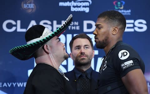 Anthony Joshua and Andy Ruiz Jr at the promotional pre fight event - Credit: REX