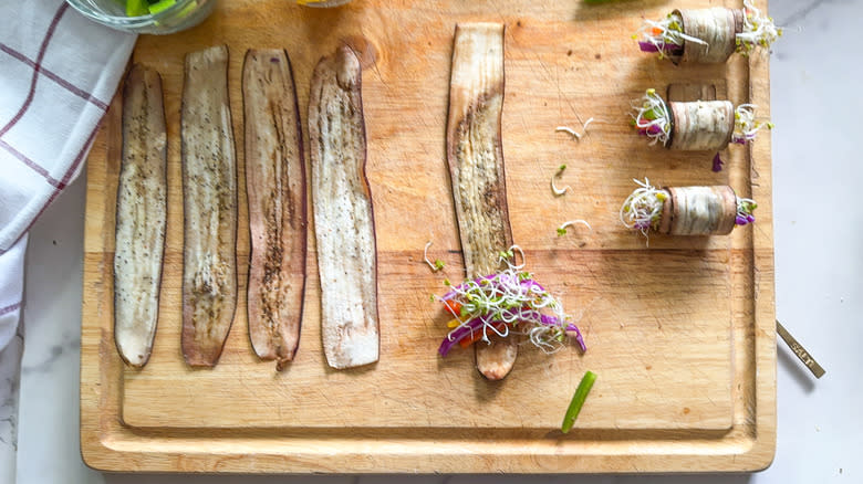 veggies on strip of eggplant