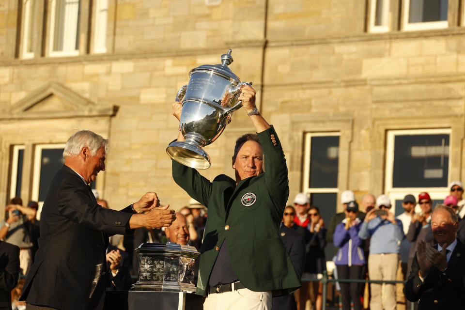 Team USA captain Michael McCoy hoists the Walker Cup trophy after his team defeated Team GB&I at the 2023 Walker Cup at the Old Course in <a class="link " href="https://sports.yahoo.com/ncaaf/teams/st-andrews-pres/" data-i13n="sec:content-canvas;subsec:anchor_text;elm:context_link" data-ylk="slk:St. Andrews;sec:content-canvas;subsec:anchor_text;elm:context_link;itc:0">St. Andrews</a>, Scotland on Sunday, Sept. 3, 2023. (Chris Keane/USGA)