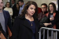 Actress Annabella Sciorra returns after a lunch break in Harvey Weinstein's rape trial, Thursday, Jan. 23, 2020, in New York. (AP Photo/Richard Drew)