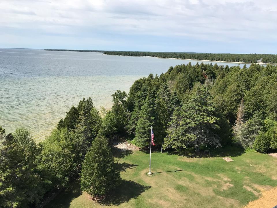 The view of the Door County shoreline with Lake Michigan from 89 feet up on the deck of the Cana Island Lighthouse.