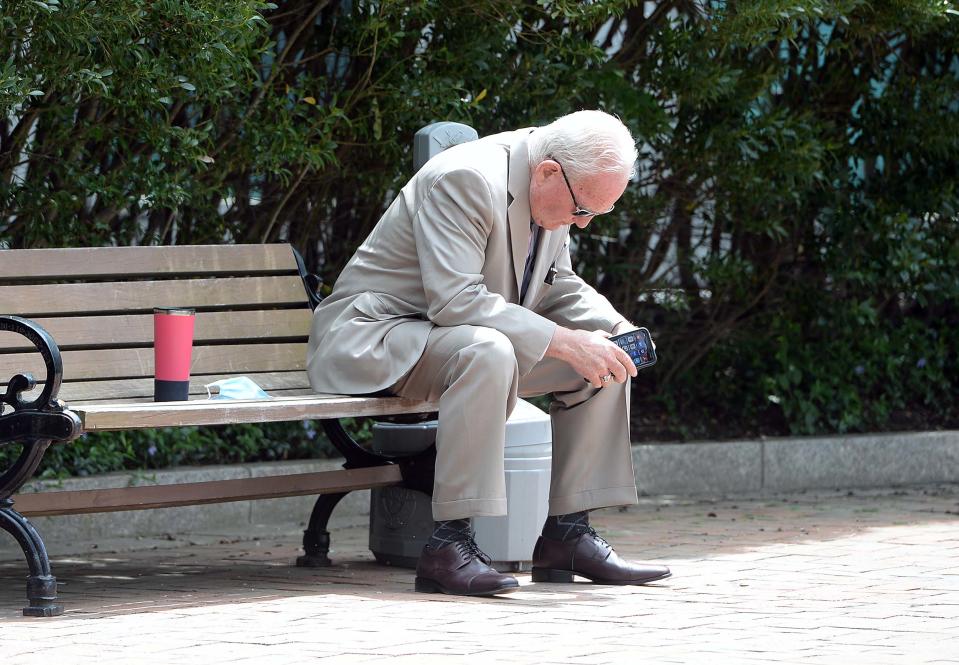 Lawyer Kevin Reddington, who represents former Fall River Mayor Jasiel Correia II waits outside John Joseph Moakley United States Courthouse in Boston, on day three of jury deliberations on Thursday, May 13, 2021.