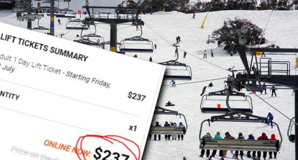 Screenshot of price for single-day lift pass overlaid on a shot of a chair lift taking skiiers up the mountain