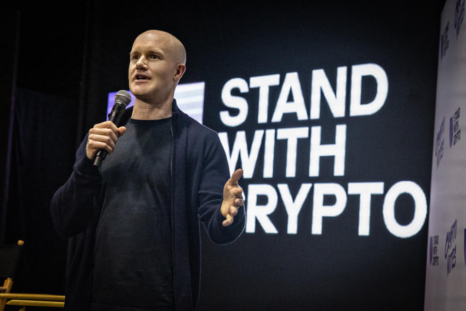 Los Angeles, CA – March 4: Coinbase CEO Brian Armstrong speaks at the “Stand With Crypto” rally launched by cryptocurrency company Coinbase on Monday, March 4, 2024 in Los Angeles to vote in Angeles, California.  (Jason Armond/Los Angeles Times via Getty Images)