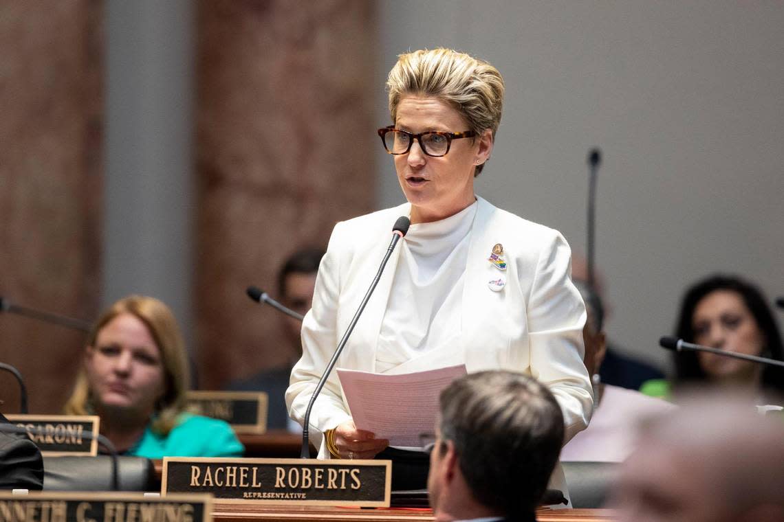 Democratic Minority Whip Rep. Rachel Roberts speaks against HB 470 at the Capitol in Frankfort, Ky., Thursday, March 2, 2022.