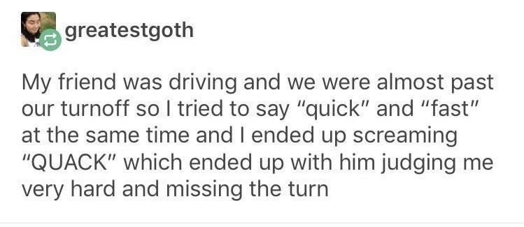 tumblr post reading my friend was driving and we were almost past our turnoff so i tried to say quick and fast at the same time and ended up screaming quack