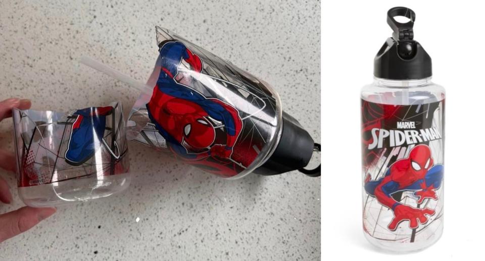 Broken Kmart Spider-Man drink bottle; Kmart Spider-Man drink bottle