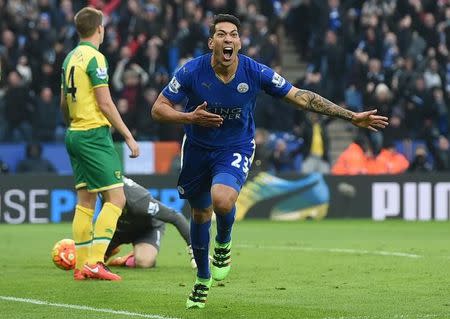 Football Soccer - Leicester City v Norwich City - Barclays Premier League - King Power Stadium - 27/2/16 Leonardo Ulloa celebrates after scoring the first goal for Leicester City Action Images via Reuters / Alan Walter Livepic