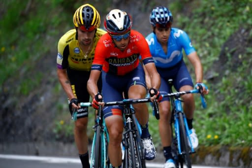 Team Bahrain rider Italy's Vincenzo Nibali (C) had another strong day on Saturday