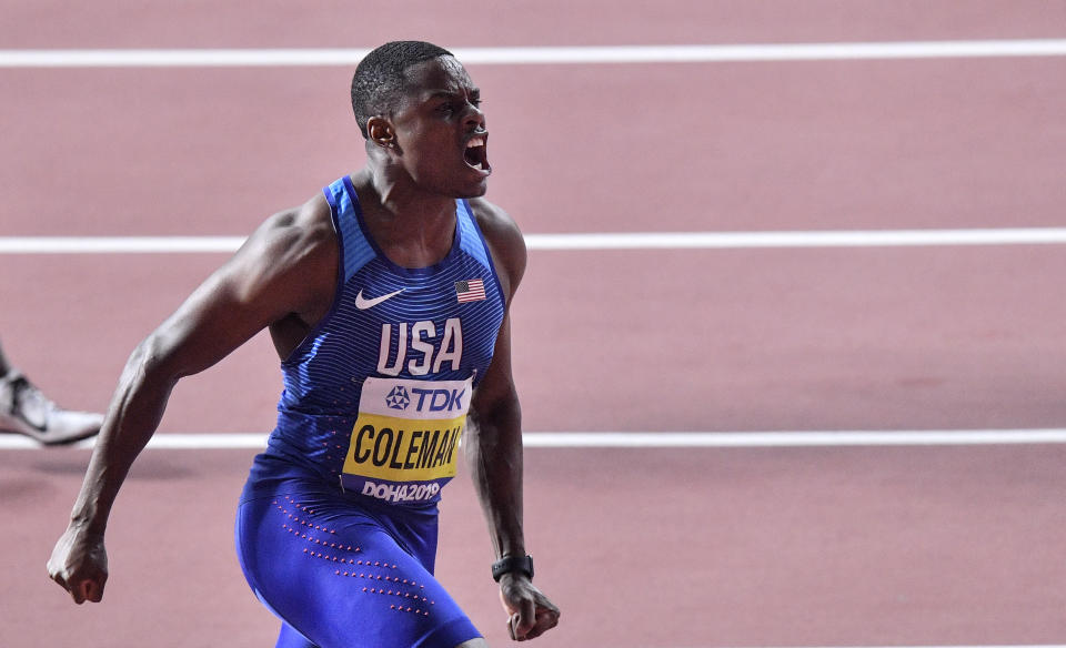 Christian Coleman, of the United States, reacts after winning the men's 100 meter race during the World Athletics Championships in Doha, Qatar, Saturday, Sept. 28, 2019. (AP Photo/Martin Meissner)