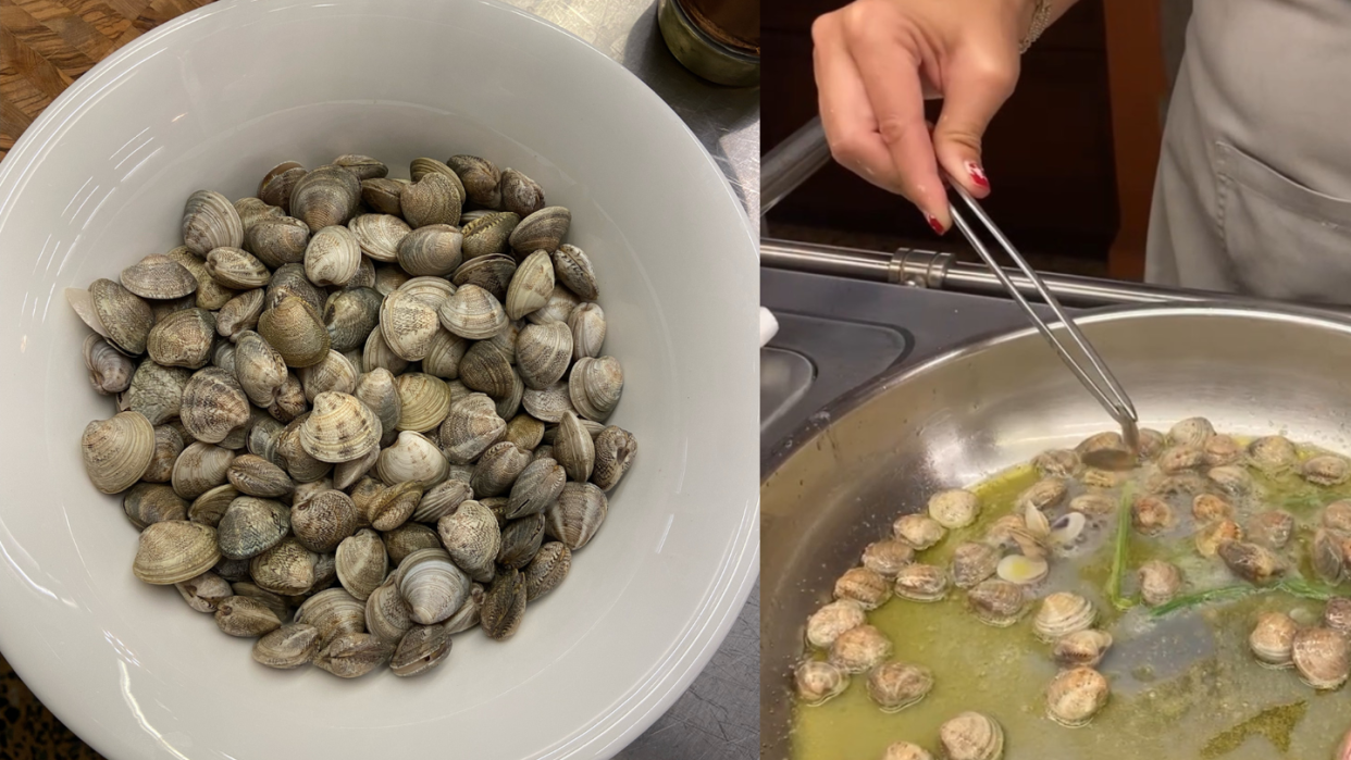 a person cooking food in a pan