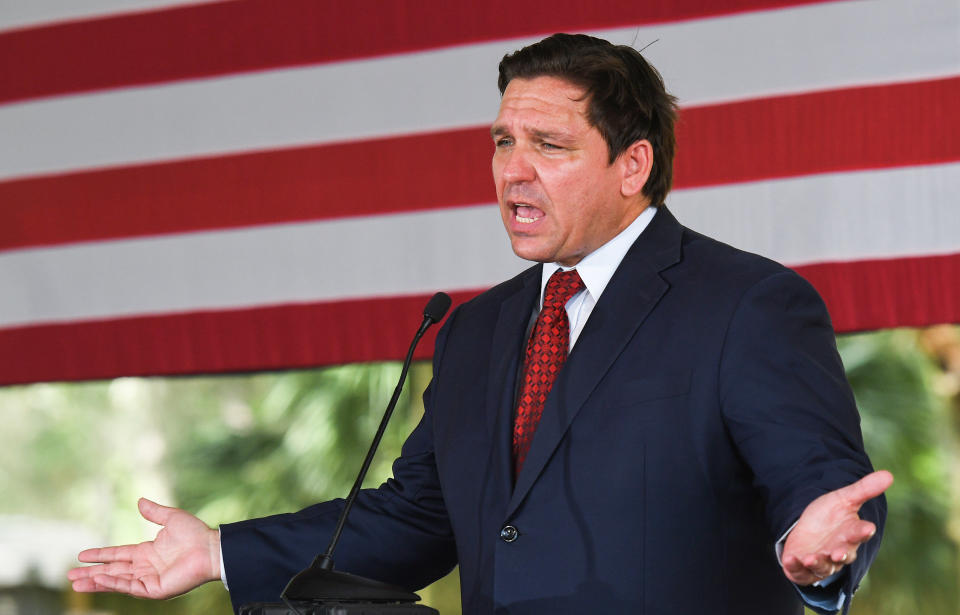 GENEVA, UNITED STATES - 2022/08/24: Florida Gov. Ron DeSantis speaks to supporters at a campaign stop on the Keep Florida Free Tour at the Horsepower Ranch in Geneva. 
DeSantis faces former Florida Gov. Charlie Crist for the general election for Florida Governor in November. (Photo by Paul Hennessy/SOPA Images/LightRocket via Getty Images)