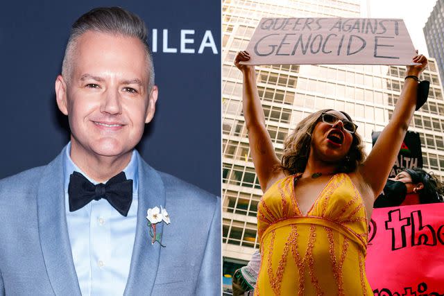 <p>Gotham/FilmMagic; Alexa Wilkinson for ActUp</p> Ross Mathews at the GLAAD Awards; Chiquitita protests for Palestine at the GLAAD Awards