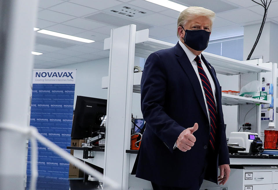 President Donald Trump tours a pharmaceutical manufacturing plant where components for a potential coronavirus vaccine are being developed in North Carolina. (Photo: Carlos Barria / reuters)