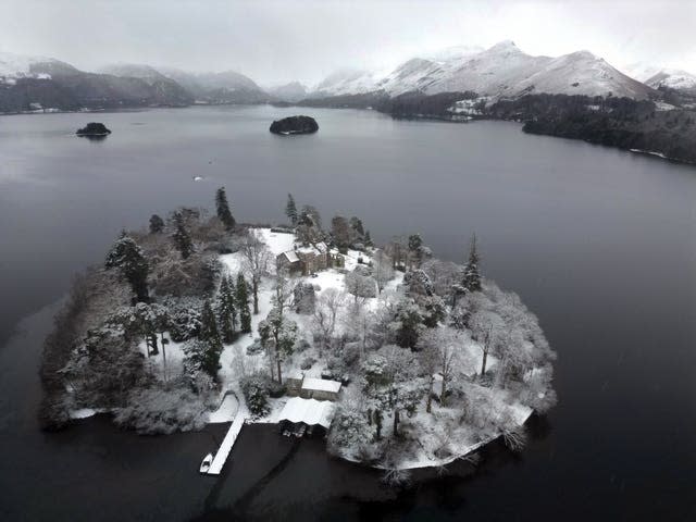 Snowy conditions on Derwent Island near Keswick, Cumbria