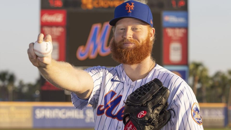 Feb 23, 2023;  Port St.  Lucie, FL, USA;  New York Mets starting pitcher Stephen Ridings (66) poses for a picture during the New York Mets media photo day at Clover Field.