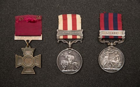 John Grant Malcolmson's Victoria Cross, Indian Mutiny Medal and Indian General Service Medal - Credit:  Heathcliff O'Malley for the Telegraph