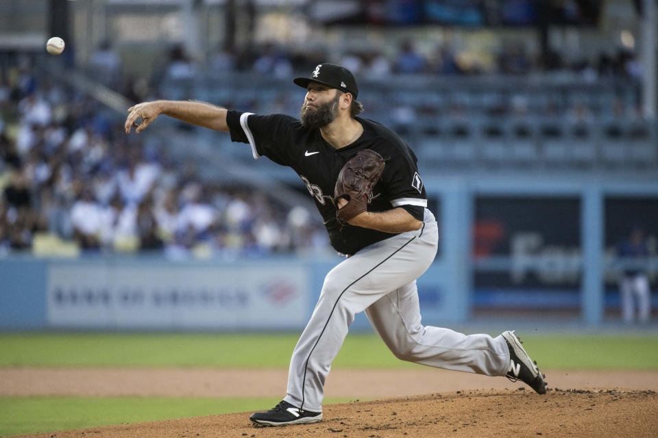 Chicago White Sox starting pitcher Lance Lynn (33) throws a pitch during the first inning of a baseball game in Los Angeles, Tuesday, June 13, 2023. (AP Photo/Kyusung Gong)