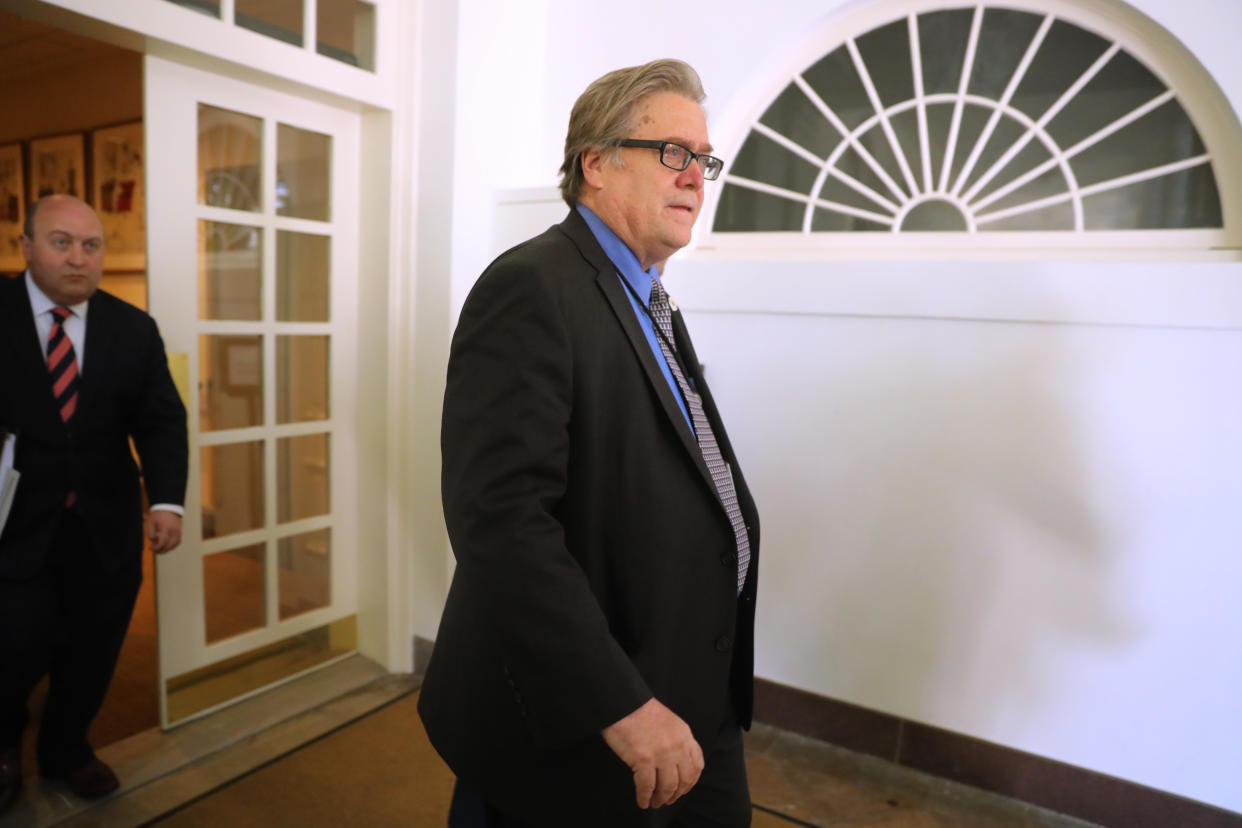 Steve Bannon heads to the White House Rose Garden to listen to remarks by President Trump on June 1. (Photo: AP/Andrew Harnik)