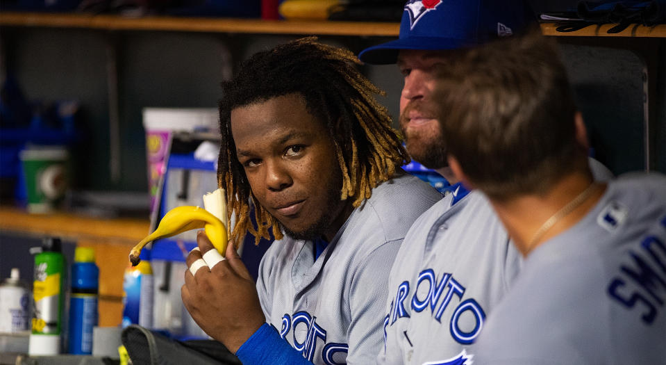 Poutine, ketchup chips and maple syrup were just a few of the things on the menu for the Jays phenom recently. (Photo by Dave Reginek/Getty Images)