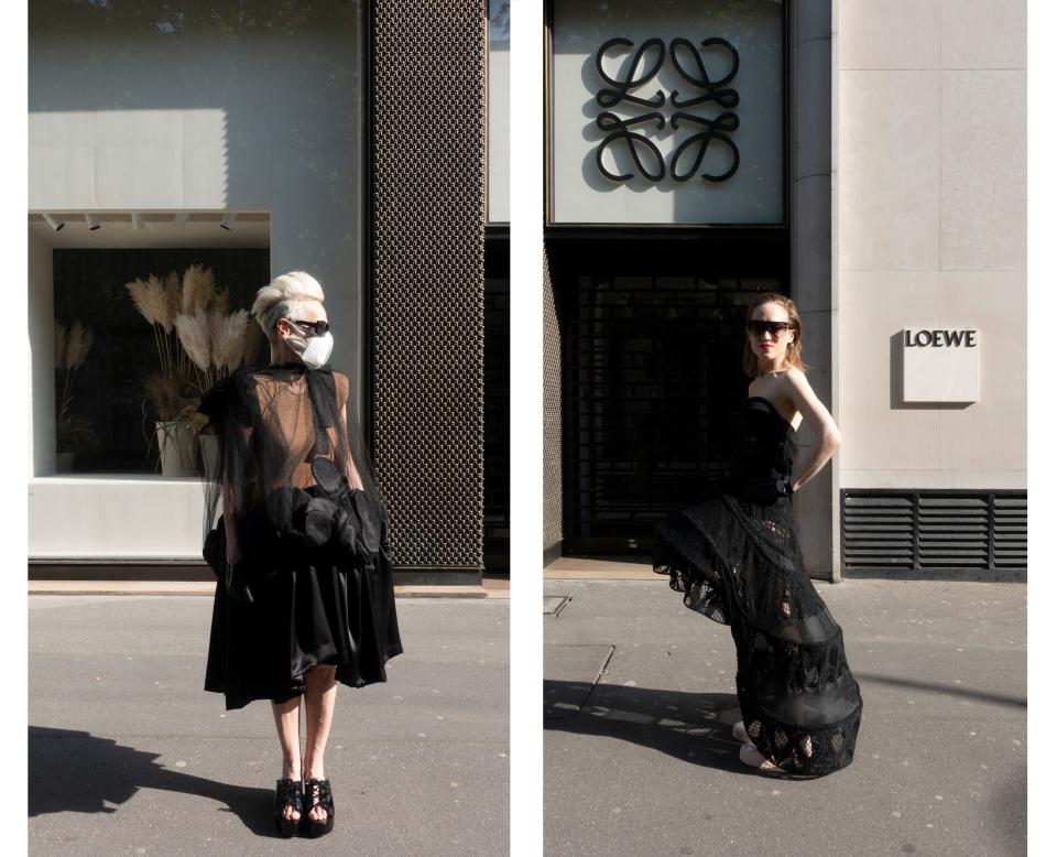 Wearing Comme des Garçons and Yohji Yamamoto in front of the Loewe store.