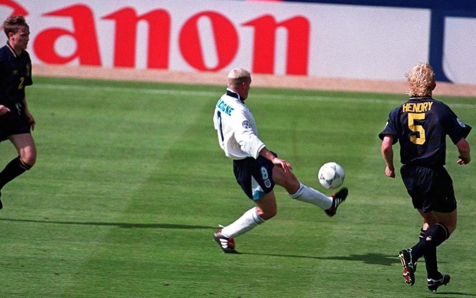 Gazza tees up his famous goal against Scotland at Euro 96