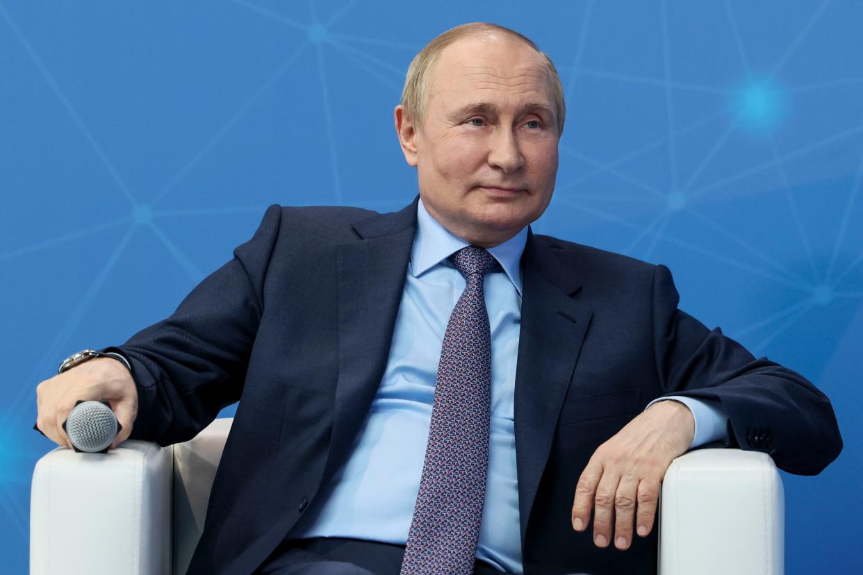 Russian President Vladimir Putin attends a meeting with young entrepreneurs and startup developers on the eve of the St. Petersburg International Economic Forum (SPIEF), at the Technograd Training Complex in Moscow, Russia, Thursday, June 9, 2022. 