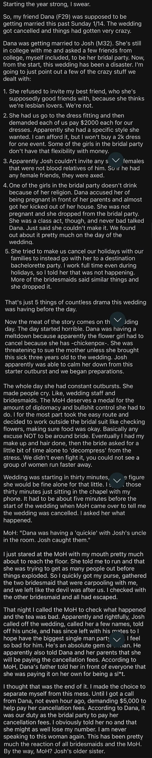 Image contains lengthy text recounting a dramatic story set at a wedding