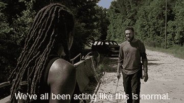 Aaron from "The Walking Dead" saying, Aaron says "We've all been acting like this is normal" to Michonne