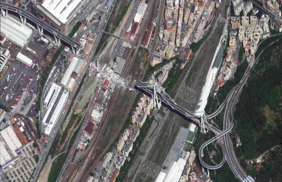 Devastation: the bridge collapse as seen from space (European Space Imaging/EPA)