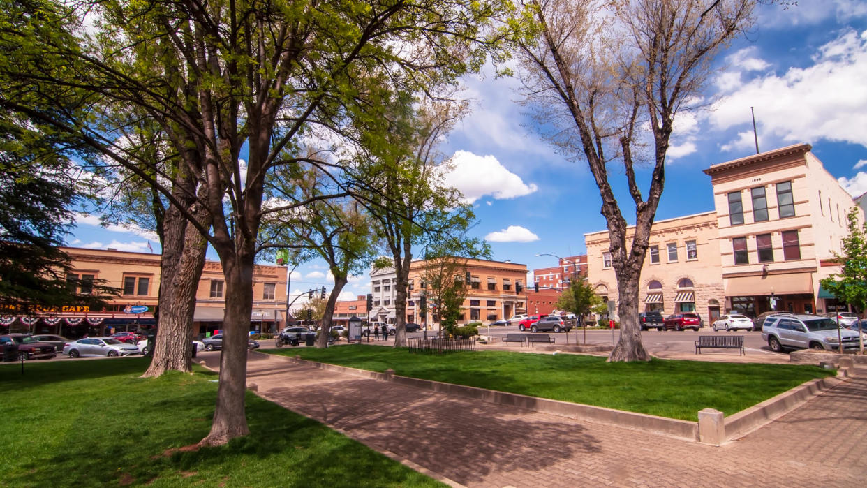 Prescott, Arizona, USA 04/22/2019 The Yavapai County Courthouse Square looking at the corner of Gurley and Montezuma Streets on a sunny spring day.