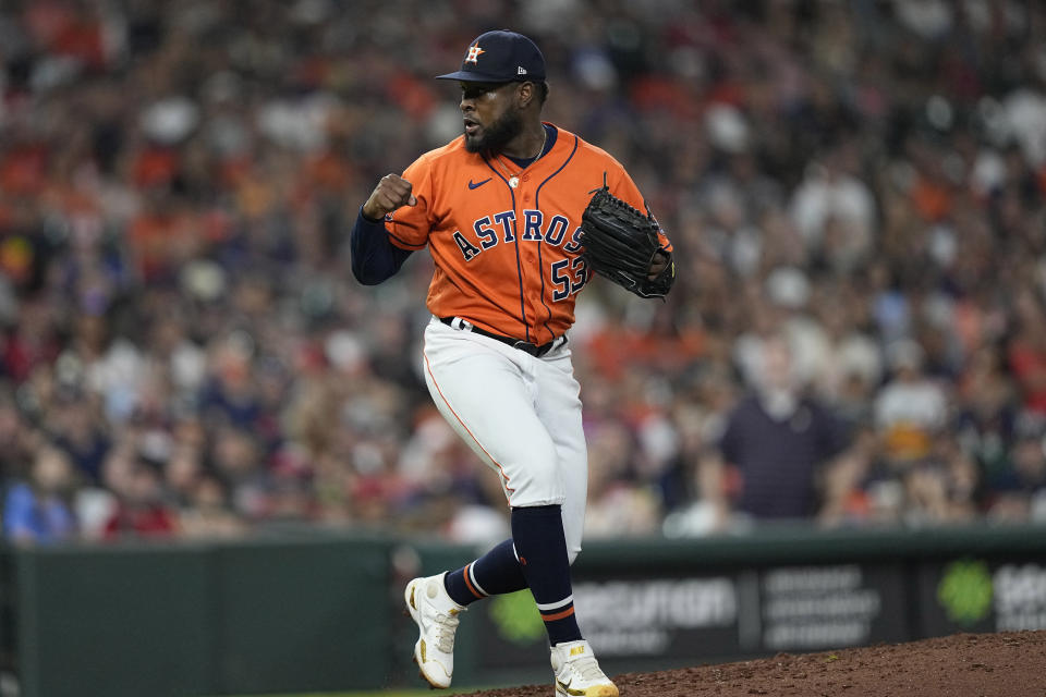 Houston Astros starting pitcher Cristian Javier reacts after striking out Los Angeles Angels' Jared Walsh to end the top of the seventh inning of a baseball game Friday, July 1, 2022, in Houston. (AP Photo/David J. Phillip)