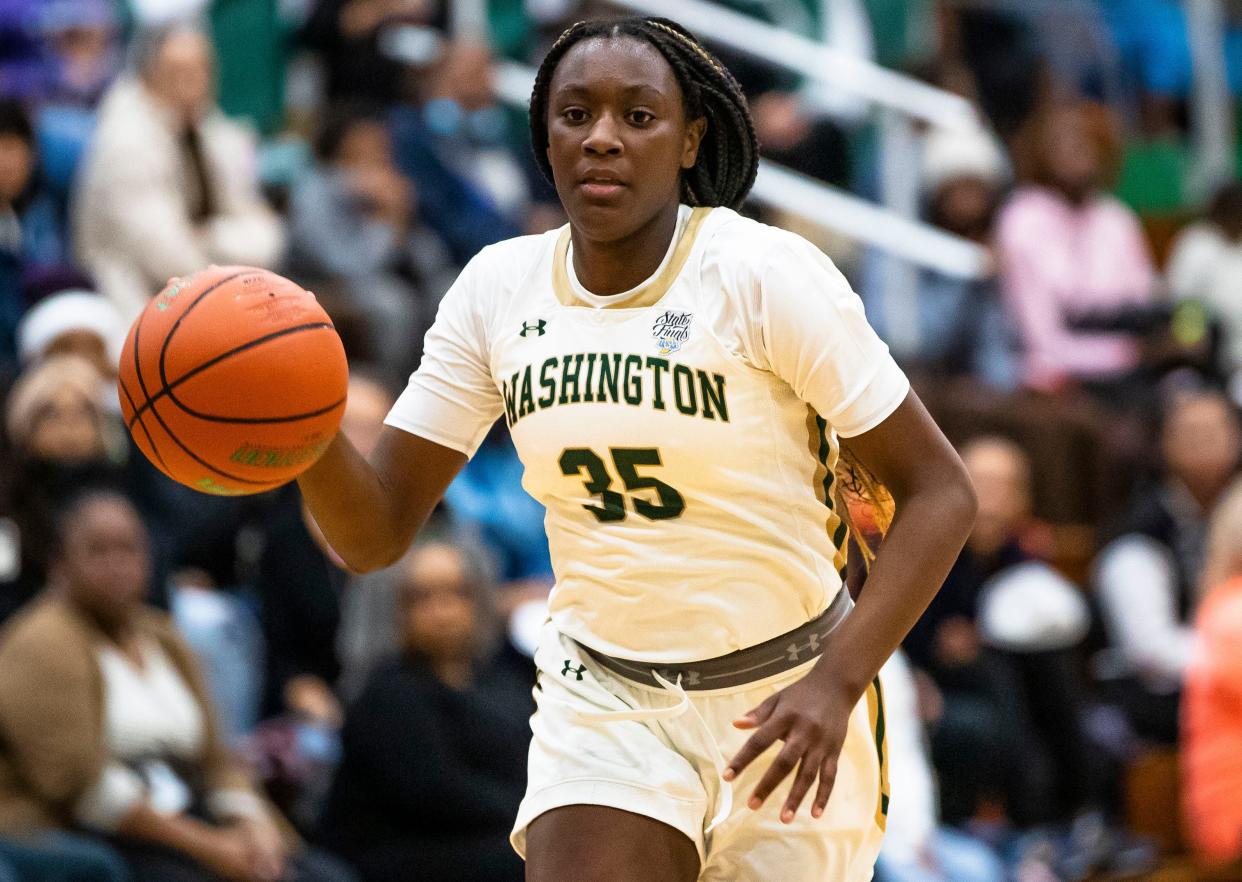 Washington's Monique Mitchell (35) during the Washington vs. Riley girls basketball game Tuesday, Nov. 15, 2022 at Washington High School.