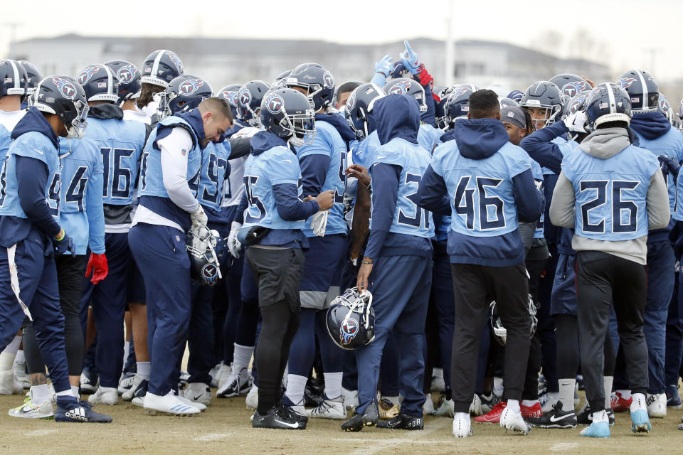 Tennessee Titans players gather during an NFL football practice Friday, Jan. 17, 2020, in Nashville, Tenn. The Titans are scheduled to face the Kansas City Chiefs in the AFC Championship game Sunday. (AP Photo/Mark Humphrey)