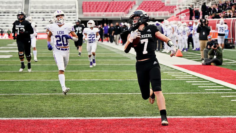 Corner Canyon and Lehi play in high school football semifinal action at Rice-Eccles Stadium in Salt Lake City on Friday, Nov. 10, 2023.