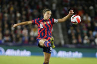 United States forward Carli Lloyd tries to stop the ball against South Korea in the first half of a soccer friendly match against South Korea, Tuesday, Oct. 26, 2021, in St. Paul, Minn. (AP Photo/Andy Clayton-King)