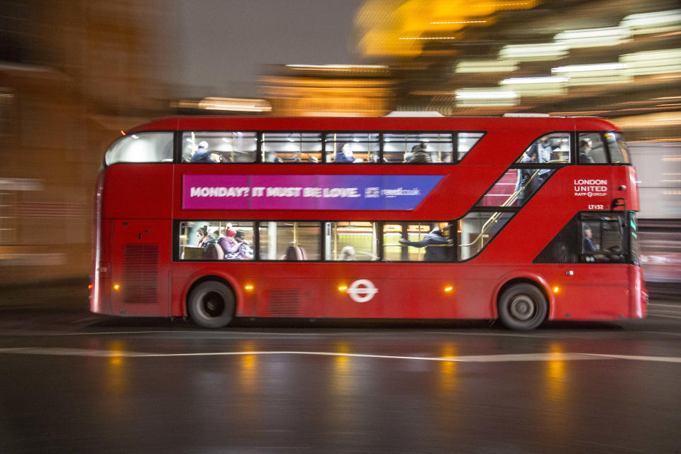 The new iconic buses in the streets of London, the red double decker Routemaster buses. They were introduced in 1956. Nowadays the buses are moving with hybrid electric diesel engines. The red bus become one of the landmarks of London and symbol for Great Britain.   (Photo by Nicolas Economou/NurPhoto via Getty Images)