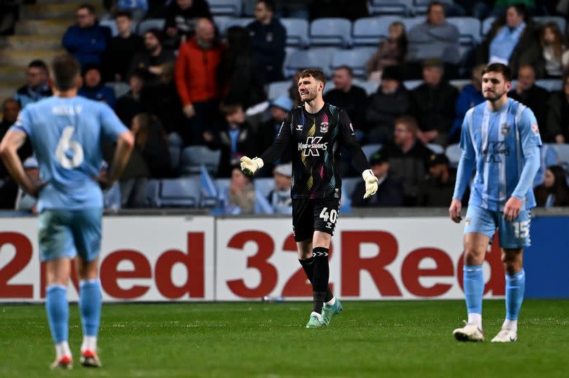 Bradley Collins shows his disappointment after Noah Ohio scores Hull City's winning goal at the CBS Arena.