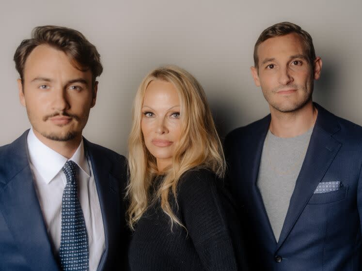 LOS ANGELES, CA - MAY 14: Producer Brandon Thomas Lee, Pamela Anderson and director Ryan White photographed in Los Angeles, CA on May 14, 2023. (Elizabeth Weinberg / For The Times)