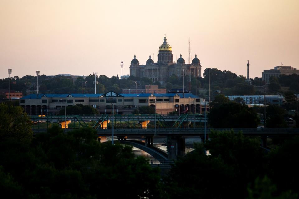 Principal Park and the Iowa State Capitol as seen from the MacRae Park overlook at sunrise on Thursday morning, Sep. 3, 2020, in Des Moines. 